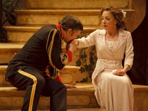 Benedick (played by Ben Carlson) and Beatrice (played by Deborah Hayes) in the Stratford Shakespeare Festival production of Much Ado in the Festival Theater